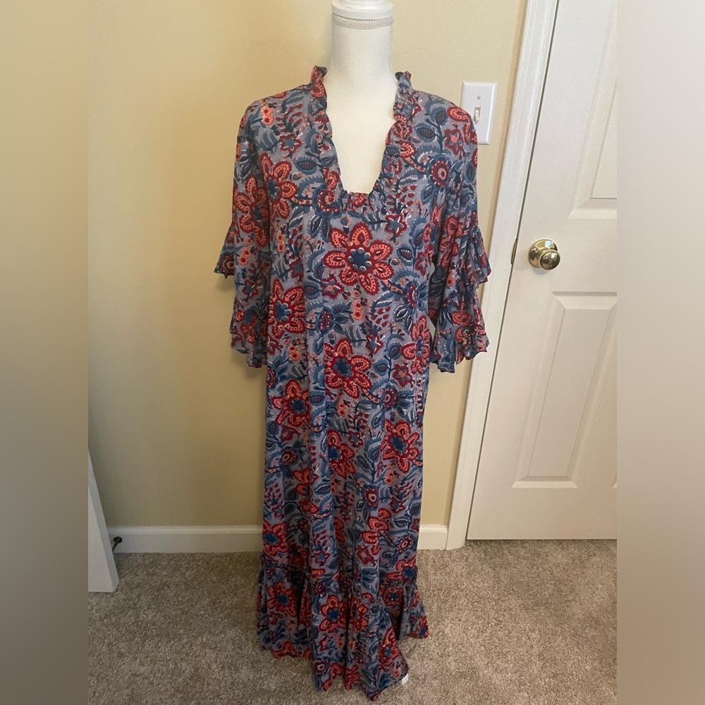 Floral Print Midi Dress in Blue and Red